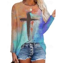 Fashion Women's T shirt 3D Print Faith Cross Graphic Casual Tee Holiday Fashion Long Sleeve T-shirt O-Neck Sweatshirt Pullover S blue