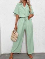 Women's Lapel Cardigan & Drawstring Wide-Leg Pants Two-Piece Set - Spring/Summer 2026 Collection XL šviesiai žalios spalvos