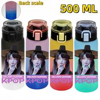 500ML KPop Demon Hunters Sports Water Bottle Portable Leak Proof Plastic Cup featuring Water Level Line designed for Outdoor Sports Fitness Black-White-1PCS