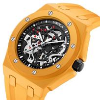 Hollow Automatic Skeleton Watches for Men Sport Visible Mechanical Movement Luminous Watch Waterproof Silicone Strap oranžinė