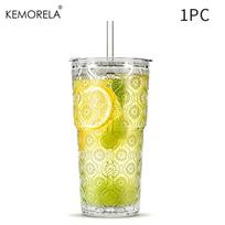 1/2PCS Begonia Flower Glass Coffee Cup With Lid and Glass Straws 590ML for Iced Coffee Smoothies Milk Water and More Drinkware 590ML