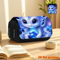 Crystal Blue Dragon 2D Printed Double-Layer Flip-Top Black Pencil Case - Back-to-School Essential Pencil Box, Daily Multi-Functional Makeup Bag, Large 20x9x11cm