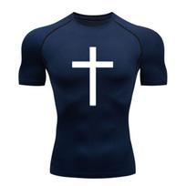Men's Compression Athletic T-shirt, Casual White Cross Print XXXL