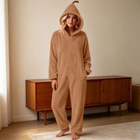 Onesie For Women Adult Halloween Costumes Plush Hooded Pajamas L beige