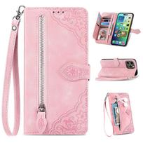 Genuine Leather Flip Wallet Case for iPhone 15 , Zippered Holder with Built-in Slots rožinio aukso spalvos