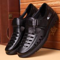 2025 Summer Leather Sandals Hollow Hole Shoes Middle aged Dad Shoes Men's Large Sandals Men 38 black