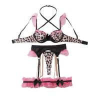 Women's Sexy Leopard Print Lingerie Set Pink Mesh Bra Set with Ice Silk Splicing Bra Lingerie Set Decorated with Metal Chains S