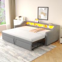 Apmušalas, Ištraukiama sofa-lova 90/180 x 200 cm, Daugiafunkcinė daiktadėžė, LED apšvietimas ir USB lizdas, su groteliniu rėmu, Šviesiai pilka 214 x 102 x 74 cm šviesiai pilka spalva