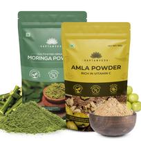 SAPTAMVEDA 100% Organic Moringa Powder and Organic Amla Powder (150 gms + 150 gms) - Superfood Combo Pack Of 2-300gms | Indian Gooseberry Powder|