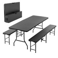 6ft Folding Picnic Table with 2 Benches, 3-Piece Camping Set, HDPE Tabletop with Tree Pattern, Safety Lock, UV & Water Resistant, Black 180 x 74 x 43 cm juoda