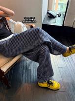 Women Plaid Wide Leg Trousers Summer Bubble Cotton Textured Sickle Pants High Waist Non Stretch Casual Long Pants Japanese Korean Daily Trousers S gray