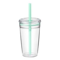 Vandens puodelis su dangteliu ir šiaudeliu 450ML Be BPA Daugkartinio naudojimo puodelis ledinei kavai Skaidrūs plastikiniai gėrimų indai arbatai, kokteiliams 450ML žalia