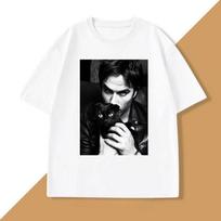 Damon Salvatore TV Drama Cat Graphic Tshirt for Clothes Retro Gothic Tops Sleeve Harajuku Sleeve Aesthetic Clothes S black