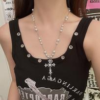 Trends Charm Shiny Zircon Cross Pendant Imitation Pearl Beaded Splicing Necklace for Women Men Temperament Collar Chain Jewelry