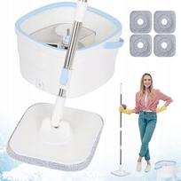 Grindų valymo rinkinys su kibiru 2,5 l, 4 šluostės, 360° sukamas, 110–130 cm teleskopinė rankena, baltas