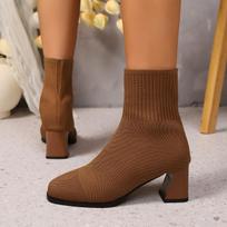 Klasikinės paprastos vientisos tamprios kojinės batai moterims rudeniui elegantiški su kvadratiniu priekiu aukštakulniai botai įslystami elastiniai megzti ankle boots 36 ruda