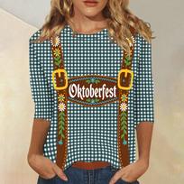 Women Casual Three Quarter Sleeve Oktoberfest Print Round Neck Top Lightweight Soft Fabric Festival Shirt L smėlis