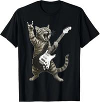 Funny Cat Playing Guitar Rock and Roll Video Games Unisex T-Shirt L gray