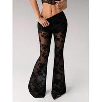 Women High Waist Lace Patchwork Sheer Micro Flare Casual Long Pants S black