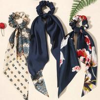 3Pcs Satin Solid Colored Art Print Triangular Bandana, Long Hair Scarf Accessories Ponytail Holders Hair Ties black