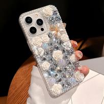 Glitter Bling Phone Case For OPPO Reno 16 15 Pro Max 15F 15C 3D Rose Flower with Diamonds and Pearl Cover OPPO Reno 15F violetinė
