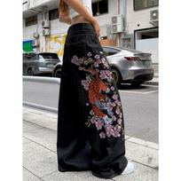 American Retro Tiger Flower Embroidered Black Loose Wide-Leg Jeans For Women, Street Hip-Hop Fashionable And Versatile Trousers S black