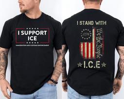 Aš remiu ICE Būkite su ICE JAV Amerikos Vėliava Patriotiškas Priekis amp; Nugarinė T-shirt Unisex T-shirt M white