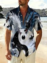 Men'S Dragon Pattern Short Sleeve Shirt, Summer Beach Casual Shirt, Chinese Style Design Trendy Blouse, Plus Size XXXXL