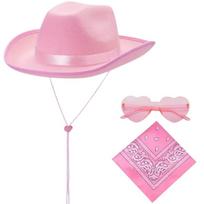 Pink Cowboy Hat Fluffy Trim Halloween Costume Accessories Set Bandana Heart-Shaped Glasses  Outfit Style D pink