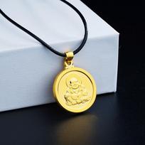 Maitreya Buddha Pendant Necklace - Brass with Real Gold Plating, Vietnam Sand Gold. gray