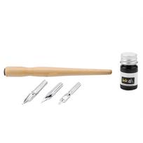Comic Pen Set 3 Nibs 2 Mm Flat, Round, Wood Holder for Calligraphy Drawing Art, Beginners, 5 Ml Ink Capacity beige