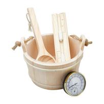 Sauna Accessories Set Includes Wood Bucket Long Handle Spoon Hourglasses Thermograph for Steam Room Bathroom Enduring 1 white