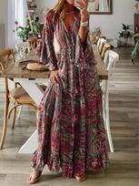 2026 European and American cross-border bohemian horn sleeve printed V-neck high-waisted vacation dress floral women's long dress S