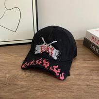 Retro Rock Flame Print Short Brim Distressed Dad Hat Cross Guitar FIRE Graffiti Embroidery Frayed Washed Cotton Y2K Baseball Cap