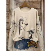 Women's all-over printed long-sleeved versatile round neck lightweight sweater, fashionable to wear S beige
