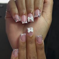 24Pcs White French Press On Nails Short Square Full Cover False Nails With Diamond Bow Glitter Ballet Design Tips beige