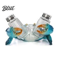 Cute Animal Shape Spice Organizer Sea Turtle Salt Pepper Shaker Set with Holder Resin Figurine Glass Condiment Dispenser Metal Lids Bottles Coastal B gray
