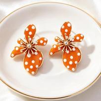 Black Flower Shaped Dangle Earrings White Faux Pearl Polka Dot Gold Tone Details For Parties Dates Daily Wear brown