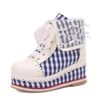 7cm Wedge Heel Round Toe Short Boots Checkered Bow Lace Fabric Leather Splicing Single Shoe Daily Wear Casual Woman Shoes 35-45 35 mėlyna
