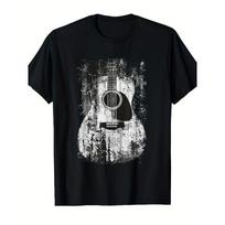 European sizes Men's Vintage Rock & Roll Acoustic Guitar T-Shirt  Distressed Music Tee with Iconic Guitar Graphic Breathable Crew Neck S
