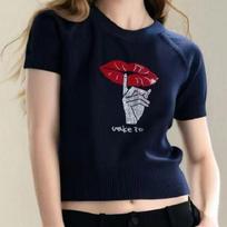 Cross-border Summer Rhinestone Round Neck Casual Ice Silk Knit T-shirt One size