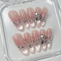 Press on Nails Medium Stiletto Glitter Fake Nails Press ons with Design Reusable Acrylic False Nail Full Cover Glue on Nail Stick on Nail for Women XS gray