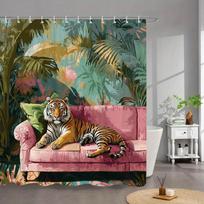 1pc Bengal Tiger Shower Curtain - Vibrant Tropical Jungle Design with Pink Sofa, Tropical Leaves & Flowers, Semi-Realistic Style W90xH180cm