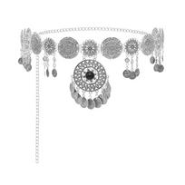 Fashion Vintage Coin Belt Golden Silvery Alloy Coins Fringed Belt Carved Flower Long Tassel Waist Chain Ethnic Style gray