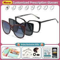 CLLOIO 3-in-1 Cat Eye Frame Detachable Magnetic Clip-on Sunglasses Fashion Polarized Prescription Myopia Glasses for Men Women 0(No Degree)