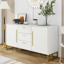 White elegant sideboard with herringbone pattern, with 2 doors and 3 drawers for dining room, kitchen and living room (White) 145 x 40 x 75 cm balta