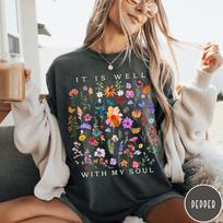 It Is Well With My Soul T-Shirt, Christian Floral Shirt, Bible Verse Tee, Pressed Wild Flower Tshirt, Cute Flower Shirt M black