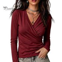 Elegant Solid Color Blouses Cross V-Neck Long Sleeve Top for Women, Slim Fit Sexy Pleated Office Wear Shirt, Fall Casual Blouse Work Relaxed XXL