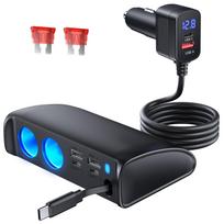 OOWOLF Cigarečių žiebtuvėlio lizdai, 2 prailgintuvai, 6 USB prievadai, ištraukiamas įkroviklis, 148 W, laidas black
