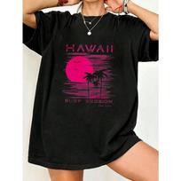 Oversized T Shirt Black Hawaii Surf Session Palm Trees And Sunset Graphic Print Summer Beach Wear S juoda